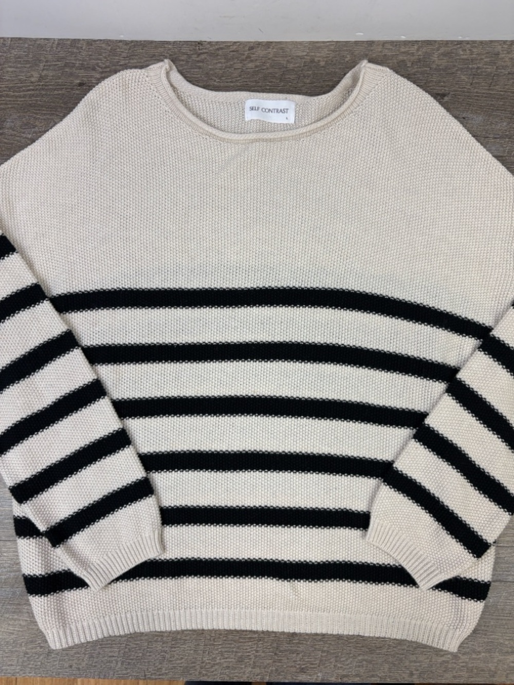 ✨ Self Contrast Striped Knit Sweater | Cream & Black | Relaxed Fit | Large ✨
